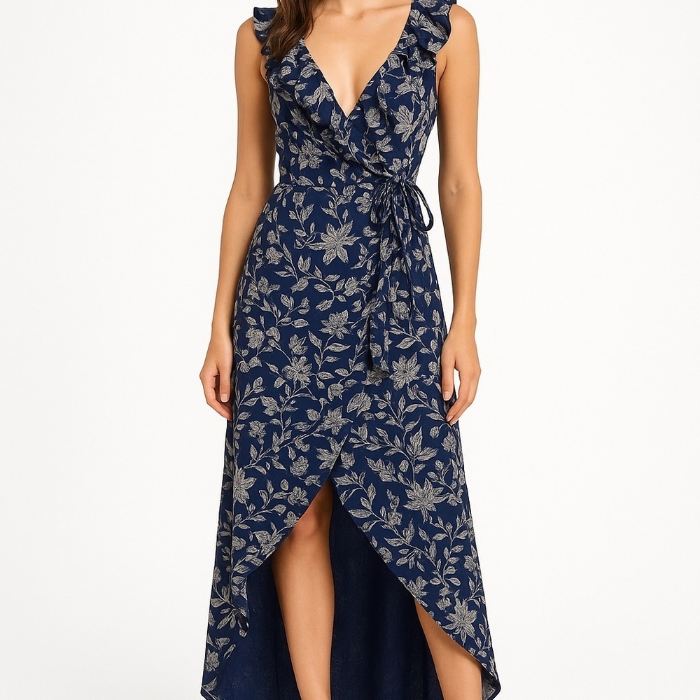 BB Dakota RSVP Fairycore Coquette Floral Ruffle Wrap High-Low Maxi Dress Navy 0